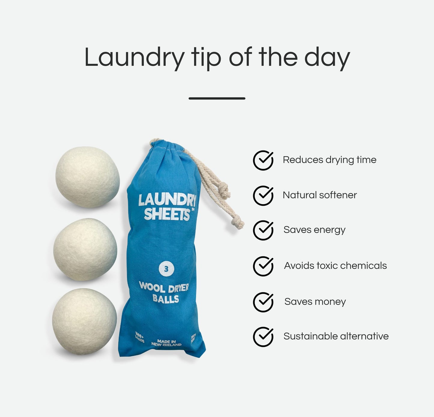 Set 3 bile de lână pentru uscător, Noua Zeelandă - Laundry Sheets